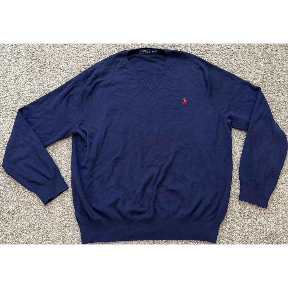 Polo Ralph Lauren Sweater Men's Navy V-Neck‎ Pima Cotton Red Pony Logo Fits XL